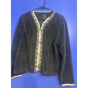 Women’s L Embroidered Cardigan Boho Metal Hook Closure Knit Sweater Chic